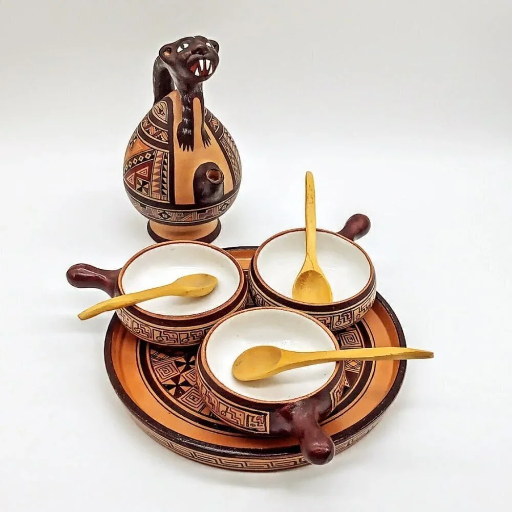 Vintage Peruvian Terra Cotta Chicha Jaguar Jug Serving Set